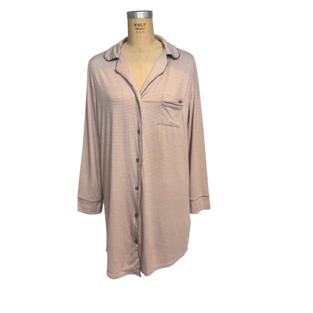 Tahari Womens Pink Grey Striped‎ Button Front Long Sleeve Sleep Shirt Size M